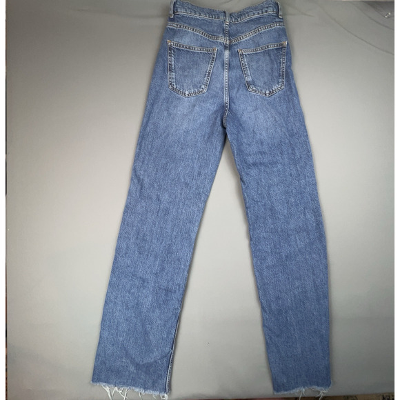 Zara High Rise Slim Straight Jeans Raw Hem Mid Blue Women’s 4 - Picture 2 of 6